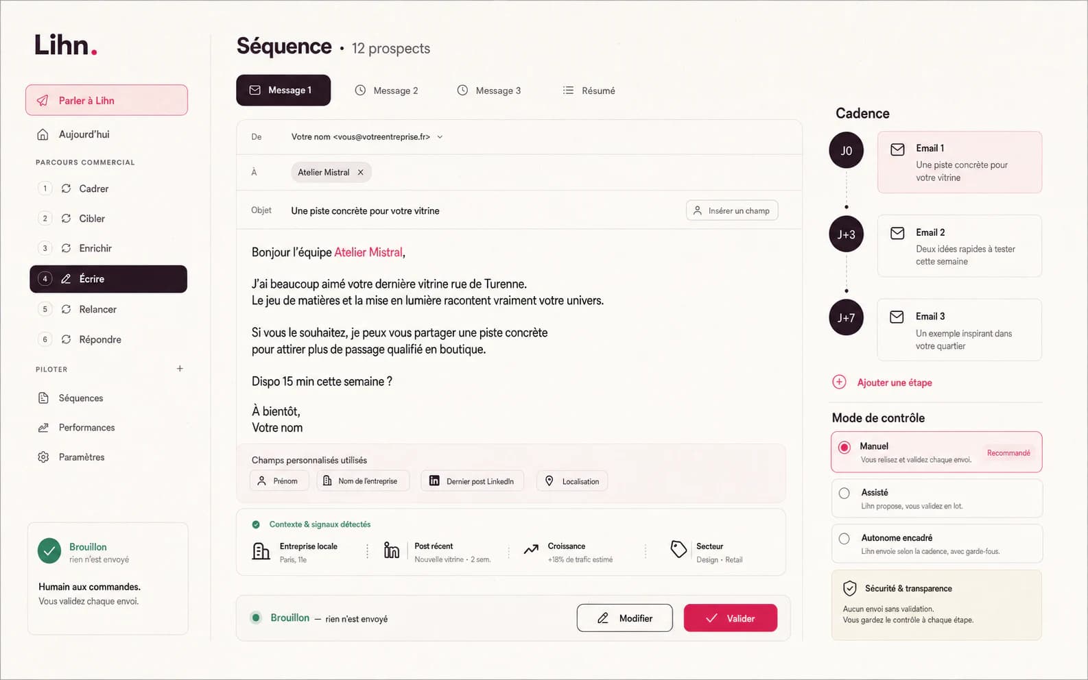 Interface Lihn de rédaction et validation d’une séquence de prospection encadrée