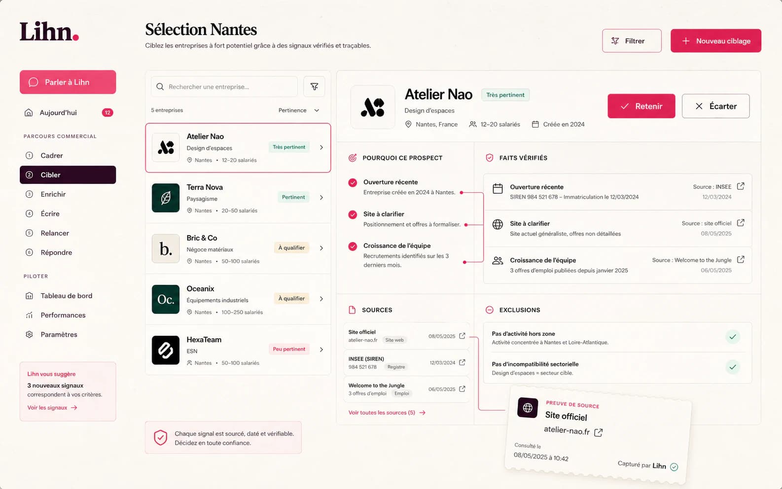 Interface Lihn de sélection d’entreprises avec faits, sources et critères d’exclusion