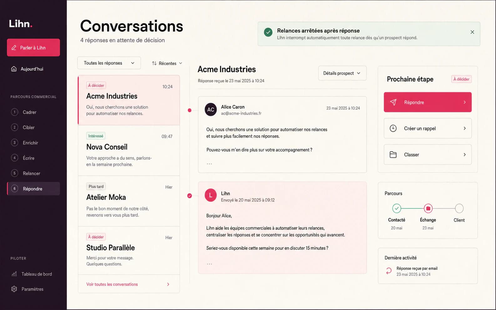 Interface Lihn de suivi des réponses, rappels et prochaines actions commerciales